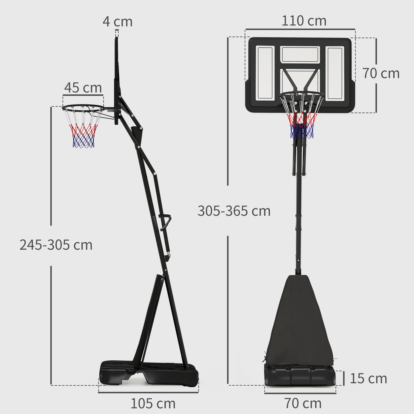 2.45-3.05M Basketball Hoop Outdoor with Rebound System and Wheels