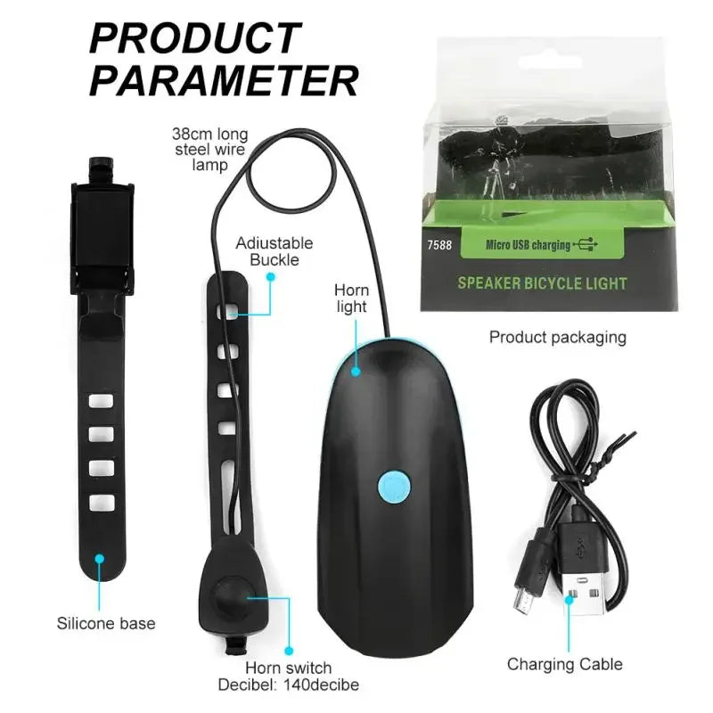 Bicycle Front Light with Electric Loud Horn Waterproof Bike Headlight USB Rechargeable Cycling Flashlight Bike Accessories